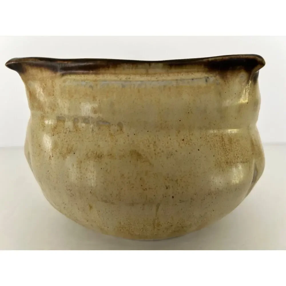 LARGE Art Pottery studio vessel vase planter Earthtones Blue Beige 7